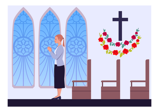 Praying young woman vector illustration religious person near cross in church  Illustration
