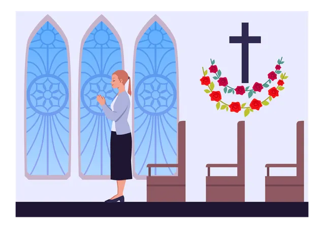 Praying young woman vector illustration religious person near cross in church  Illustration
