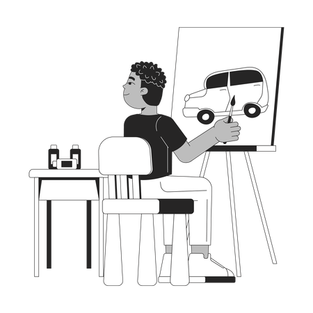 Menino pré-adolescente pintando carro em tela  Ilustração