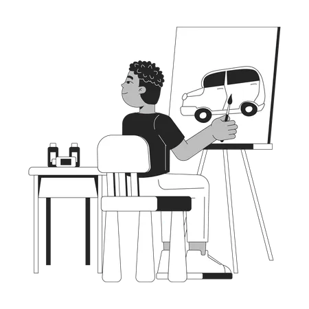 Menino pré-adolescente pintando carro em tela  Ilustração