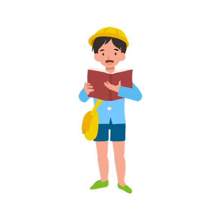 Livro de leitura para meninos pré-escolares em uniforme escolar. Aprendizagem, educação e crescimento acadêmico  Ilustração