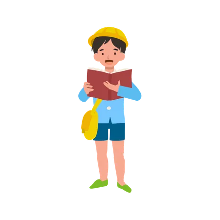 Livro de leitura para meninos pré-escolares em uniforme escolar. Aprendizagem, educação e crescimento acadêmico  Ilustração