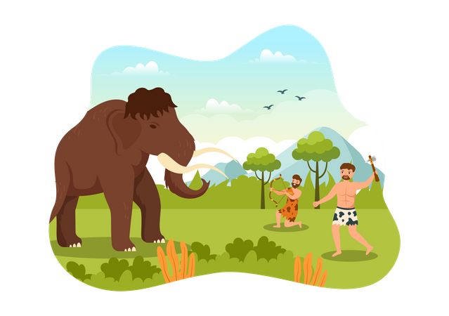 Tribos pré-históricas da Idade da Pedra caçando elefantes  Ilustração