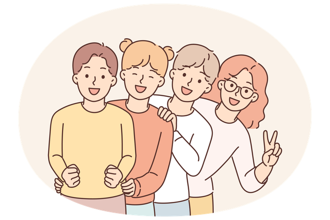 Pre-teenage children stand behind each other and laugh enjoying socializing together  Illustration