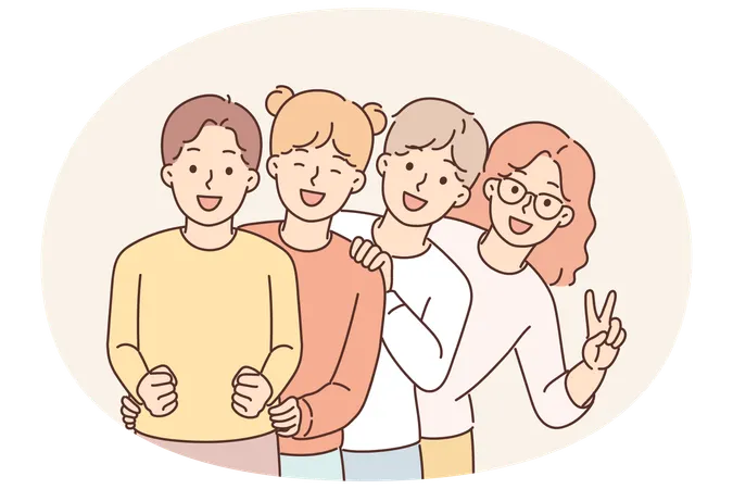 Pre-teenage children stand behind each other and laugh enjoying socializing together  Illustration