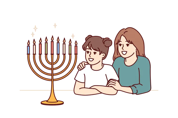 Des sœurs préadolescentes regardent la menorah avec des bougies allumées  Illustration