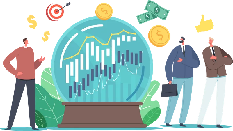 Prediction Of Market Trends Business Forecast Concept Tiny Business Characters At Huge Crystal Globe Trying To Predict Stock Economic For Making Financial Benefit Cartoon People Vector Illustration Illustration