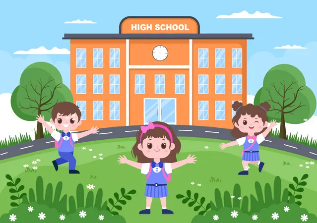 Crianças no prédio da escola  Ilustração