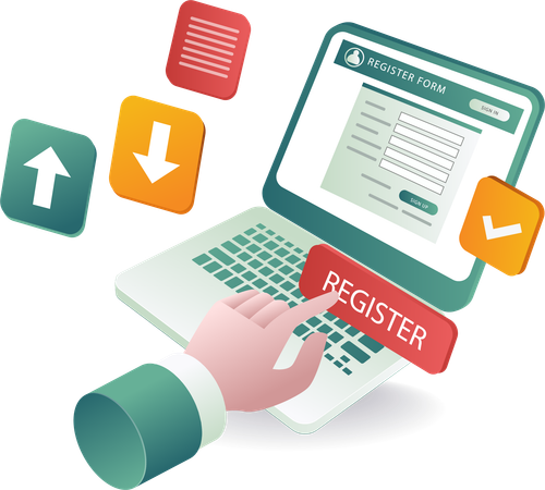 Preenchendo formulário de registro de computador online  Ilustração