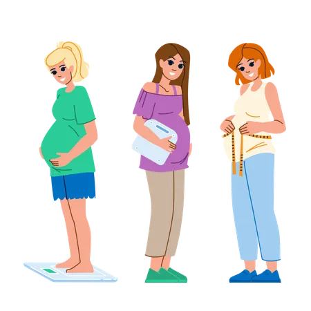 Weight Pregnancy Vector Woman Pregnant Baby Maternity Belly Motherhood Birth Care Female Gain Weight Pregnancy Character People Flat Cartoon Illustration Illustration