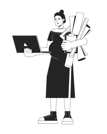 Pregnant architect woman with drawings  Illustration