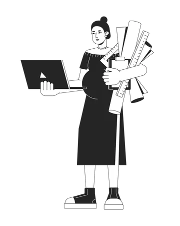 Pregnant Architect Woman With Drawings Bw Concept Vector Spot Illustration Woman Holding Laptop 2 D Cartoon Flat Line Monochromatic Character For Web UI Design Editable Isolated Outline Hero Image Illustration