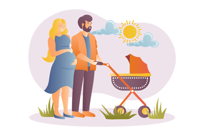 Pregnant couple standing with baby stroller  イラスト