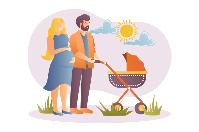 Pregnant couple standing with baby stroller  Illustration