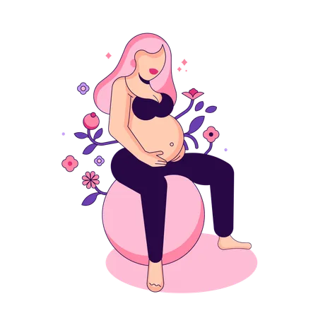 Pregnant female doing yoga with ball  Illustration