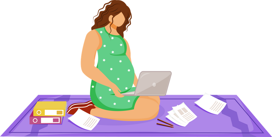 Pregnant freelancer woman with laptop doing her work Illustration