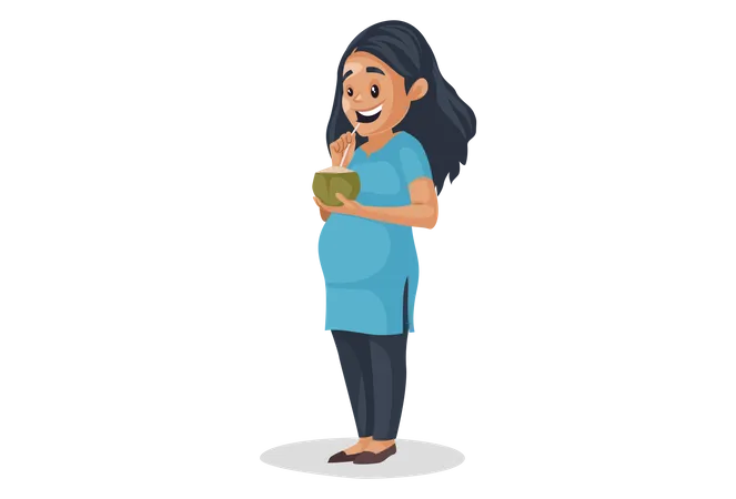 Pregnant girl drinking coconut water  Illustration