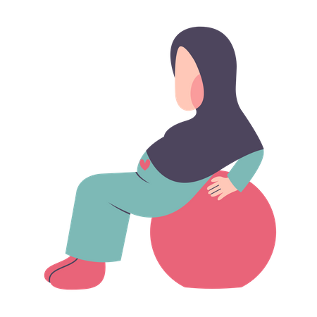 Pregnant Hijab Mother Exercising On Fitness Ball Illustration