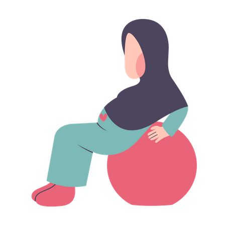 Pregnant Hijab Mother Exercising On Fitness Ball  Illustration