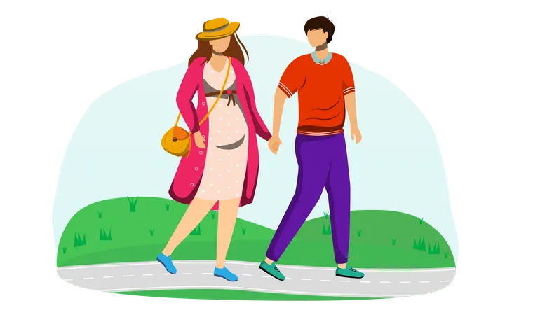 Pregnant Lady And Husband Walk In Park Flat Vector Illustration Young Family Preparing For Parenthood Strolling Couple Waiting Of Baby Isolated Cartoon Characters On White Background Illustration