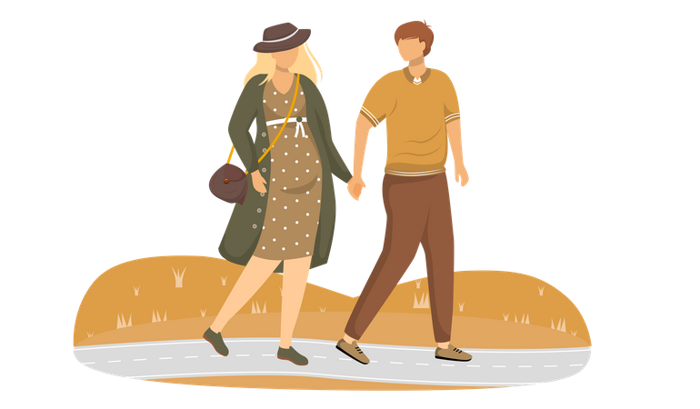 Pregnant lady and husband walk in park Illustration
