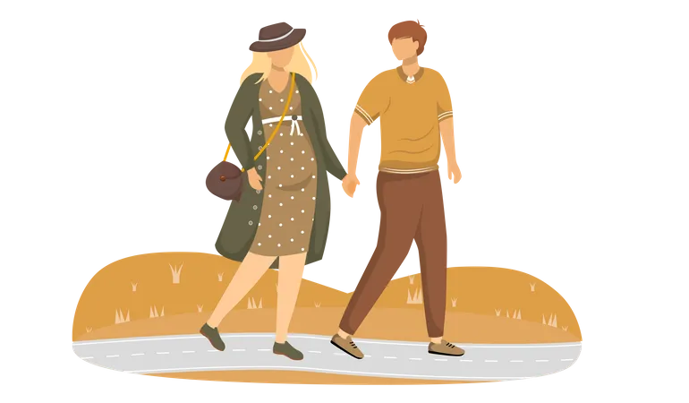 Pregnant Woman And Man Walking In Park Flat Vector Illustration Family Preparing For Parenthood Strolling Couple Waiting Of Baby Isolated Cartoon Characters On White Background Illustration
