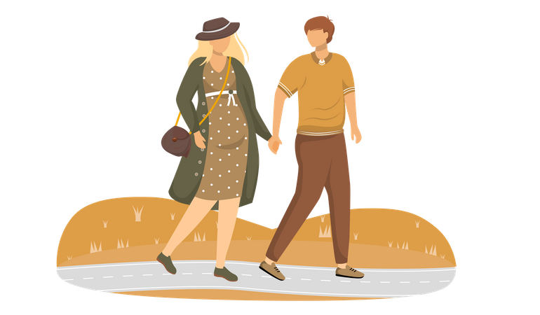Pregnant lady and husband walk in park  Illustration
