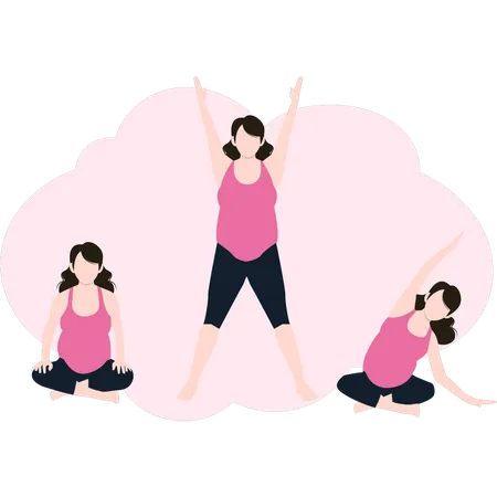 A Pregnant Lady Doing Different Exercises Illustration