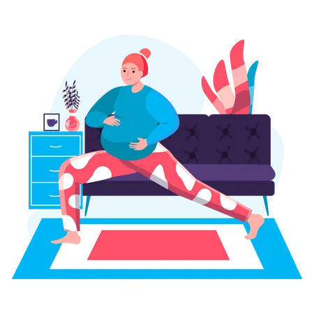 Pregnancy Concept Pregnant Woman Doing Yoga Asana At Home Active Sports And Physical Preparation For Birth Of Child Character Scene Vector Illustration In Flat Design With People Activities 일러스트레이션