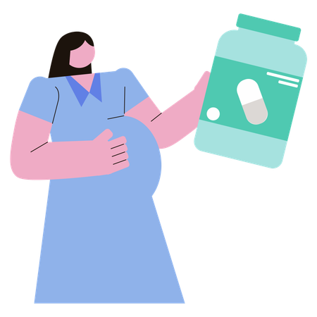 Pregnant lady holding Pregnancy Vitamins pills bottle  Illustration