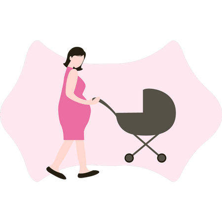 Pregnant lady is going for a walk with stroller  Illustration