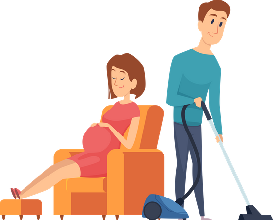Pregnant lady relaxing on sofa and man doing vacuuming  Illustration