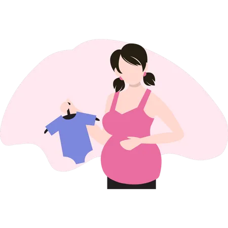 Pregnant lady standing with newborn clothes  イラスト