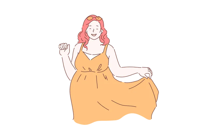 Plus Size Plumper XXL Concept Young Happy Woman Or Girl Curvaceous Full In A Good Mood Posing For The Camera Cute Teen Fat Shy Lady Smiling Uncertainly Welcomes Says Goodbye Vector Flat Design Illustration