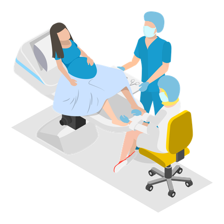 Pregnant lady with gynaecologist team  Illustration