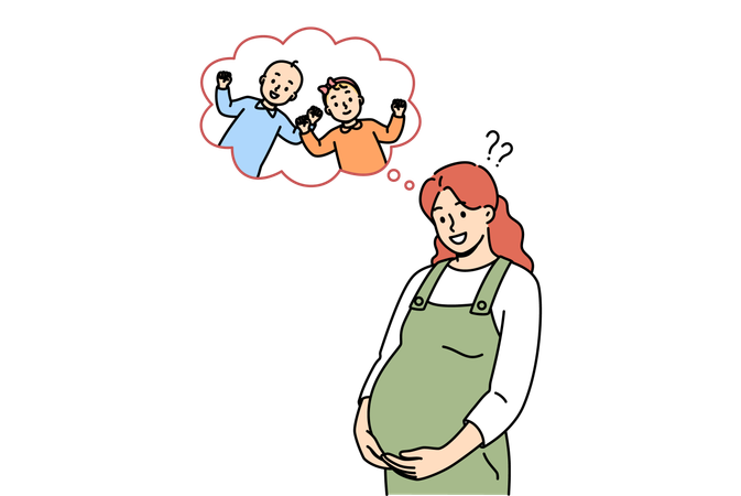 Pregnant mother thinking about twin babies  Illustration