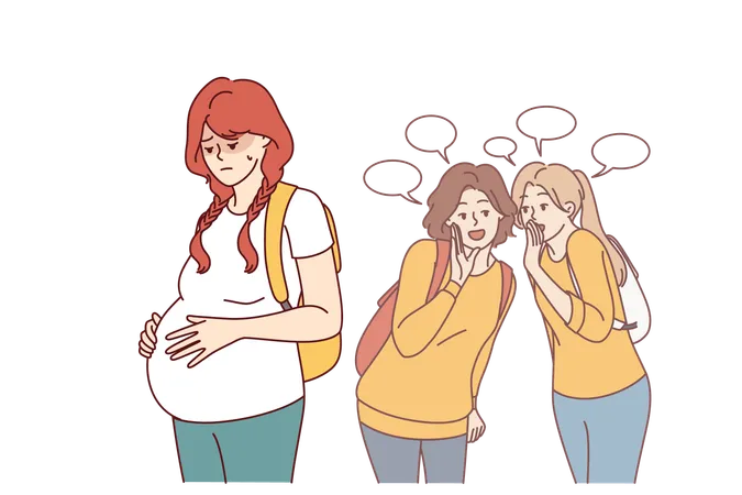 Pregnant Teenage Woman Victim Of Bullying Stands Near Judgmental Classmates With Backpacks Pregnant Schoolgirl Needs Help From Child Psychologist Or Switching To Home Schooling Illustration