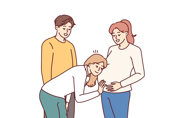Pregnant Woman Stands With Friends And Allows To Put Ear To Stomach To Hear Movements Of Baby Pregnant Girl Rejoices That She Will Soon Become Mother And Share Positive With Sister Illustration