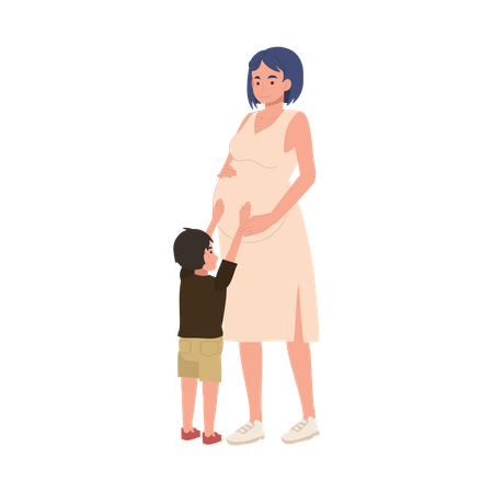 Pregnant Woman and Son Petting Mom's Belly  Illustration