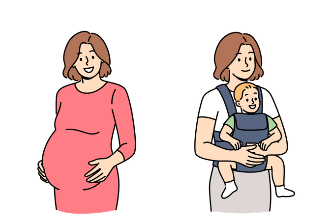 Pregnant woman before and after childbirth and puts hands on stomach or holds newborn baby in arms  Illustration