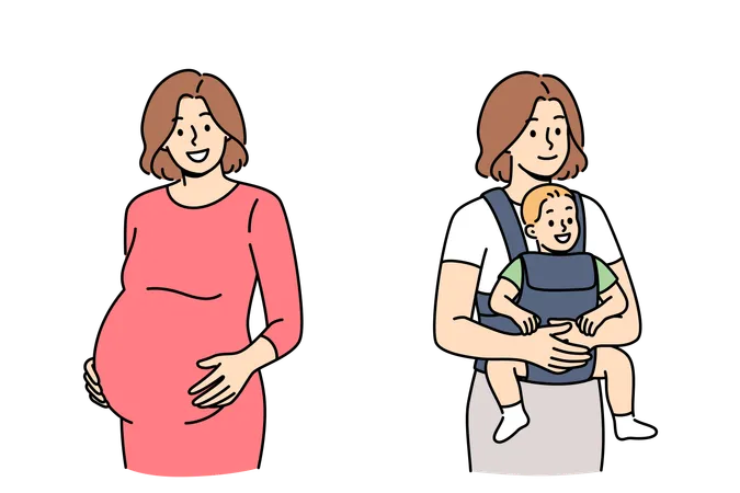 Pregnant Woman Before And After Childbirth Puts Hands On Stomach Or Holds Newborn Baby In Arms Happy Girl Experiences Happiness After Childbirth And Positive Emotions From Motherhood Illustration