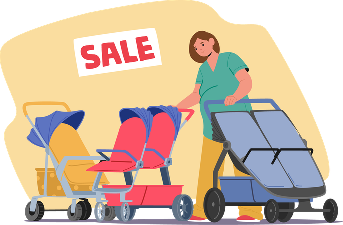 Pregnant woman cartoon character choosing perambulator for twins enjoying shopping routine  Illustration