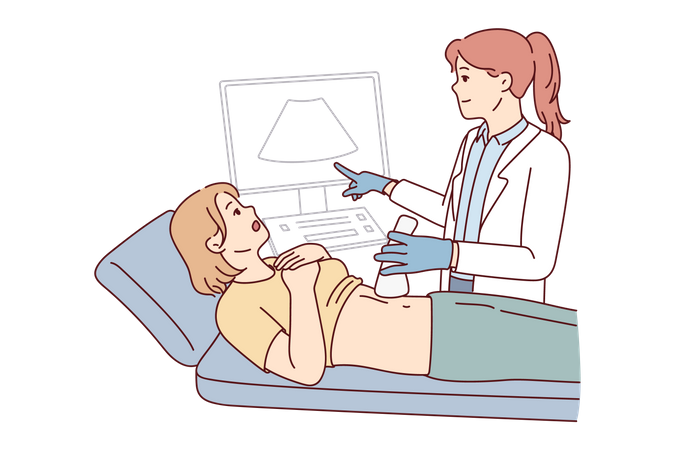 Pregnant woman checking baby sonography at hospital  Illustration