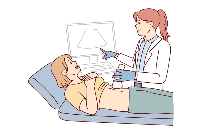 Pregnant woman checking baby sonography at hospital  Illustration