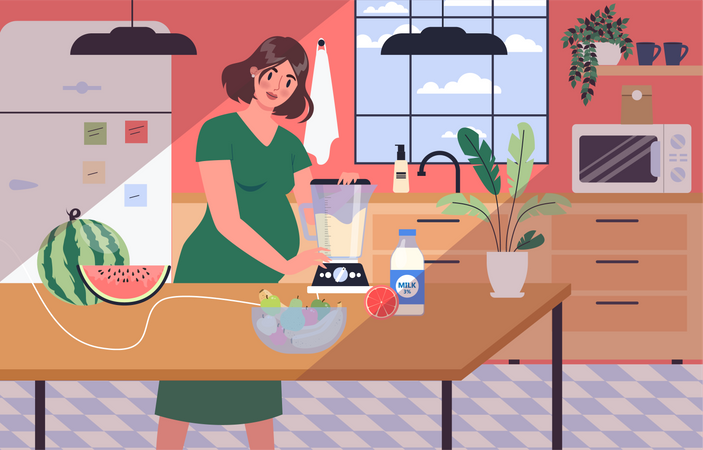 Pregnant woman cooking in kitchen  イラスト