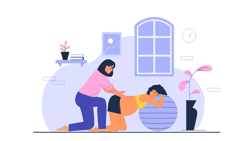 Pregnant woman doing exercise on gym ball  Illustration