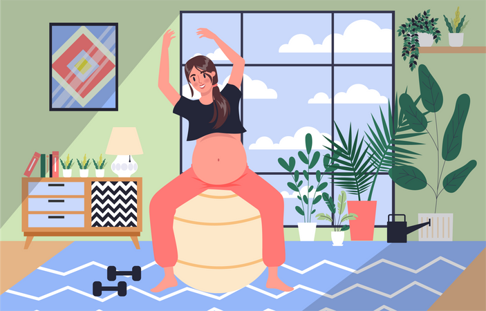 Pregnant woman doing workout using gym ball  Illustration