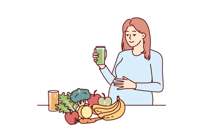 Pregnant Woman Drinks Juice From Fresh Fruits And Vegetables Standing Near Steel With Healthy Food With Vitamins Pregnant Girl Is Preparing To Become Mother And Take Care Of Unborn Child Illustration