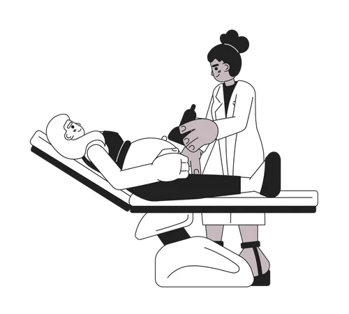 Pregnant Woman Examination Monochromatic Flat Vector Character Female Doctor Ultrasound Screening Editable Thin Line Full Body Person On White Simple Bw Cartoon Spot Image For Web Graphic Design Illustration