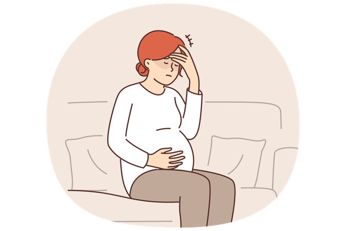 Pregnant woman feeling headache and migraine sitting on couch and waiting for doctor  Illustration